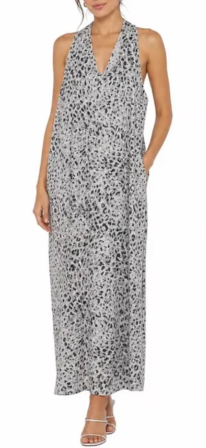 Old Navy Womens XL Grey Leopard Print Linen Blend Halter Maxi Dress thumbnail 1