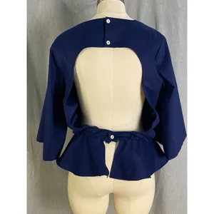 Toit‎ Volant Navy Open Back Peplum Blouse Bell Sleeve Top M USA thumbnail 5