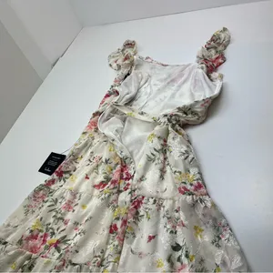 Lulus Shela Ivory Floral Jacquard Tiered Midi Dress‎ Ruffle Womens Medium NEW thumbnail 13