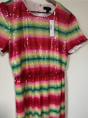 💗🆕J. Crew Watermelon Sequin Pink Multi-Stripe Midi Short Sleeve Dress✨NWT✨ thumbnail 5