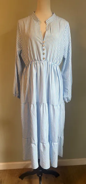 Blue White Striped Maxi Dress Long Sleeve L NWT costal preppy cottage resort boh thumbnail 1
