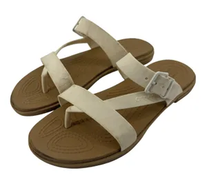 Crocs Tulum Toe Post Toe Sandal White Tan Women 6 Strappy Slip On Flip Flop thumbnail 1