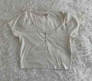 Madewell White Ribbed Henley Short Sleeve Crop Top Size S thumbnail 1
