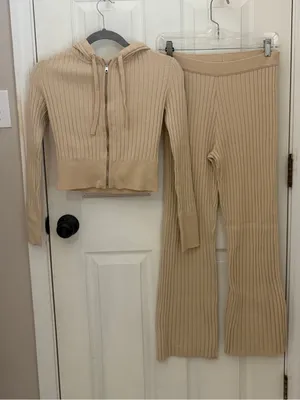 Aerie Ribbed Pant and Cropped Zip Up Sweater Set thumbnail 1