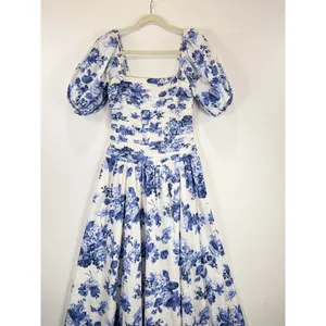 Abercrombie Fitch Midi Dress Blue Emerson Poplin Floral Puffed Pleated Boho XS thumbnail 6