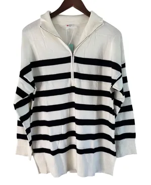 WIHOLL Striped Pullover Sweater Quarter Zip Tunic Top Black‎ White Size S thumbnail 1