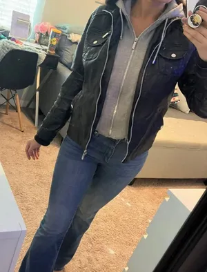 Faux leather Moto jacket with optical grey hood Black thumbnail 1