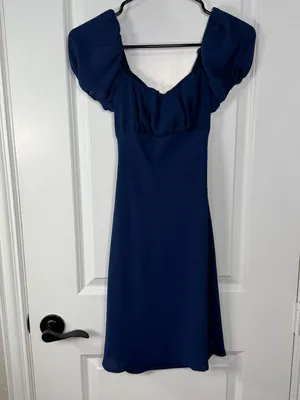 Altar'd State Navy Blue Ruched Off-the-Shoulder Bow-Back Mini Dress thumbnail 4