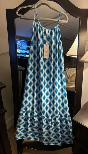 NEW Spaghetti Strap Scoop Neck Smocked Ruffle Flowy Maxi Dress S thumbnail 3