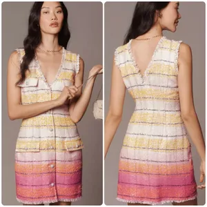 Maeve Anthropologie Sleeveless Tweed Mini Dress Pink Yellow White V-neck size 2 thumbnail 2