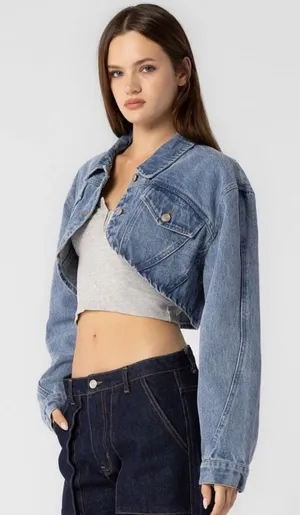 Tilly's Sz M Cropped Denim Jacket Button Up Dropped Sleeves Unlined thumbnail 1