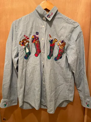 Vintage Christmas holiday stocking embroidered light wash denim shirt size small thumbnail 1