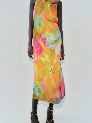 ZARA Floral Halter Midi Dress in Pink and Yellow thumbnail 2