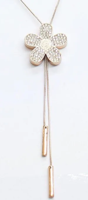 NWT Mcys Flower Rhinestone Pendant Pull Drawstring Necklace Rose Gold thumbnail 1