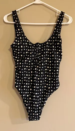 Aerie Polka Dot Henley One Piece Swimsuit Black White Scoop Neck High Cut Medium thumbnail 1