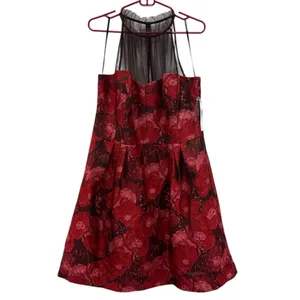 Maggy London Red Jacquard Cocktail Wedding Guest Illusion Yoke Dress Womens 16 thumbnail 10