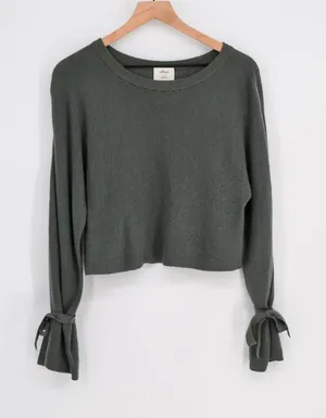 Aritzia Wilfred Emmy Crop Sweater Green Merino Wool Bell Sleeve Tie Cuffs Size S thumbnail 1