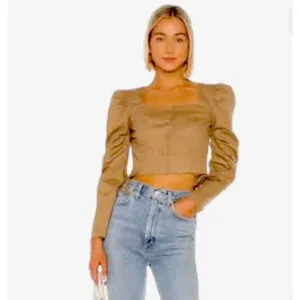 Revolve Lovers and Friends Crop Top Khaki Ruched Puff Sleeve Regencycore Small thumbnail 3