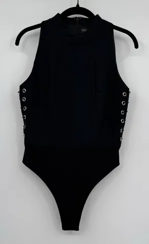 MISHA Collection Black Lace Up Corset Bodysuit Womens Medium High Neck Stretch thumbnail 1