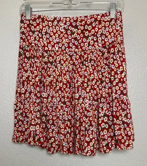 Natural Life Red Daisy Print Smocked Tiered Ruffle Mini Skirt XS/S Bohemian Boho thumbnail 1