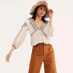 FREE PEOPLE Aria Embroidered Top Babydoll Peasant Balloon Sleeve Natural Linen S thumbnail 2