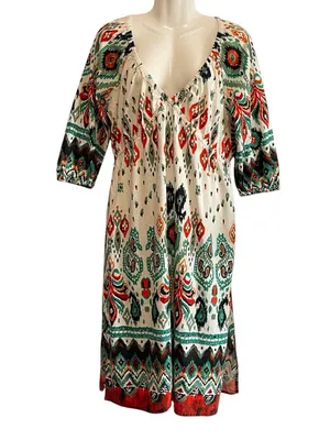 VENUS Printed V-Neck Midi Dress in Green, Cream & Orange thumbnail 3