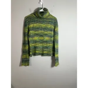 DKNY Jeans Women Green Space Dye Ribbed Turtleneck Sweater Y2K Wool Blend Medium thumbnail 2