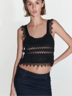 Zara Black Lace-Trim Knit Cowl Tank thumbnail 2