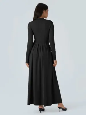 HALARA Black Mock Neck Long-Sleeve Flare Maxi Dress Pocket & Waist Detail XS thumbnail 2