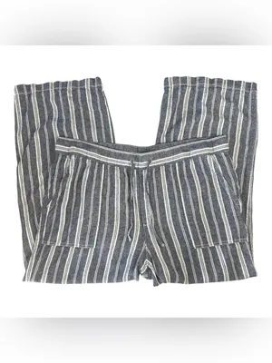 GAP Blue and White Vertical Stripe Wide-Leg Drawstring Linen Pants thumbnail 4