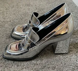 Nine West Size 6 Metallic Silver Block Heel Loafers - Women's Stylish Penny Loaf thumbnail 1
