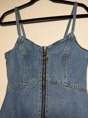 Top Charme Medium Wash Denim Zip Front Mini Dress O-Ring Sweetheart Size P thumbnail 2