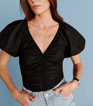 Reformation Sonny Puff Sleeve Top Size 10 Black Short Sleeve Ruched‎ Blouse thumbnail 1