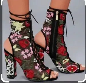 Liliana Chasity Floral Embroidered Mesh Peep Toe Lace Up Booties Black Size 10 thumbnail 1