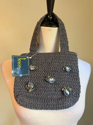 Tosca Handbag Grey blue Crochet Floral Ribbon Rose Mini Tote Zip boho Bag NEW y2 thumbnail 1