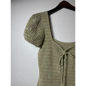Source Unknown Sage Green Crochet Mini Dress Puff Sleeve Tie Front Boho Size S thumbnail 5