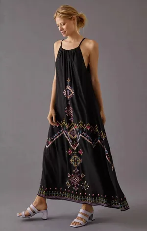 Anthropologie Maxi Dress Med Black Embroidered Boho Tie Strap Flowy Relaxed Fit thumbnail 1