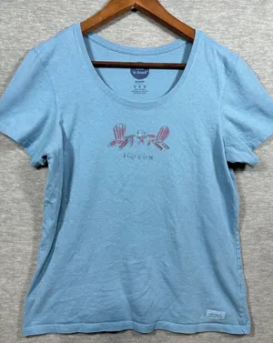 Life Is‎ Good Womens M Blue T-Shirt "I Like It Here" Graphic Adirondack Chair thumbnail 1