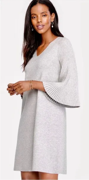 Ann Taylor Pleated Sleeve grey‎ v neck Sweater Dress size small thumbnail 1