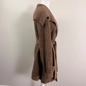 Free People Taffy Brown Waffle Knit Belted Cardigan Sweater Wool Alpaca Medium thumbnail 4