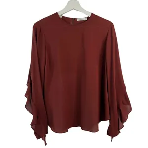ALC Frank Size 4 Silk Blouse Open Back Ruffle Sleeve Burgundy Elegant Evening Top thumbnail 3