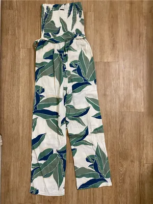 Billabong White Strapless Leaf-Print Jumpsuit with Green and Blue thumbnail 3