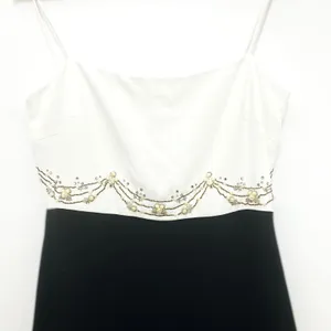 Badgley Mischka Formal Gown 10 Black White Beaded Silk Pearl High Low Maxi thumbnail 9