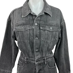 FORE Black Denim Button Up Collared Long Sleeve Jean Chambray Mini Dress Sz M thumbnail 3