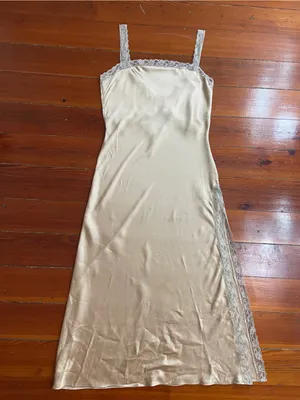 By Anthropologie Reversible Lace-Trimmed Sleep Dress Satin Gold Cutout Sz L 🧡🎀 thumbnail 10