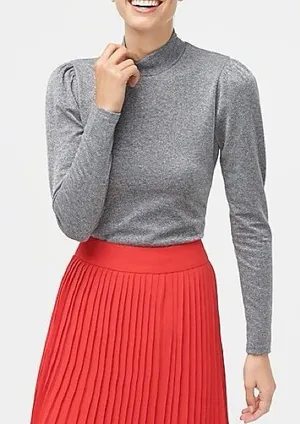 J. Crew NWT Heather Gray Silver Metallic Lurex Mock Neck Puff Long Sleeve Top thumbnail 1