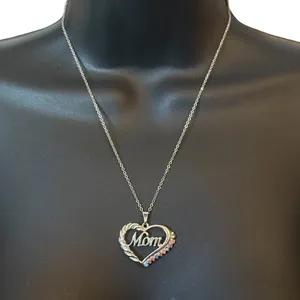 Silver tone open heart pink and blue rhinestone Mom pendant necklace thumbnail 1