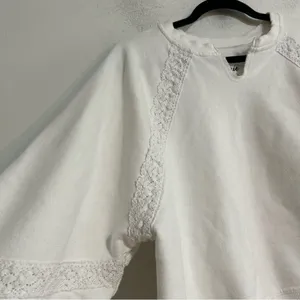 Aerie Hey Crochet Lace Trim Notch Neck Sweatshirt White Small thumbnail 5