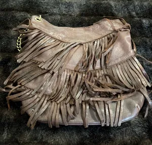 Marta Ponti Cognac brown Genuine Leather Fringe Boho Hobo Shoulder Bag 11.5x11 thumbnail 1