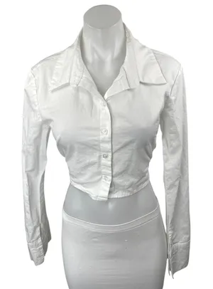 Lioness Women's White Open Back Long Sleeve Button Up Shirt Crop Top Size M thumbnail 1